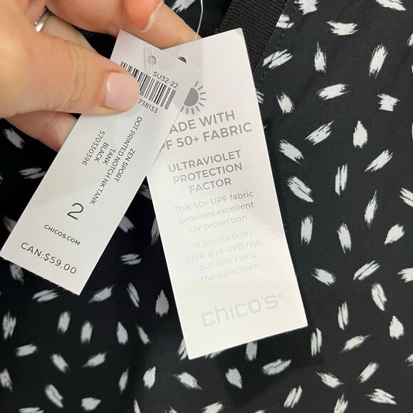 Chico’s Zen Sport Black White Dot Print Notch Neck Tank Top NWT Size 2 US L - Picture 7 of 8